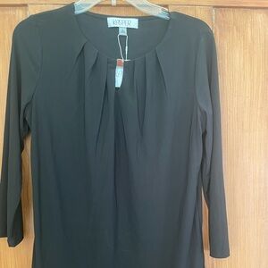 NWT Kasper Black Knit Gold Metal Buckle Pleated Top Size M